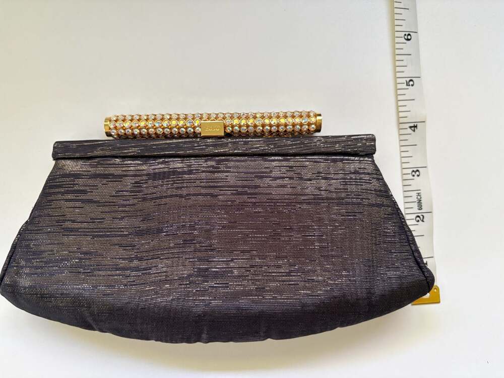 Vintage Rodo Italy Black Metallic Clutch with Jeweled Crystal Clasp and Chain - Picture 9 of 12